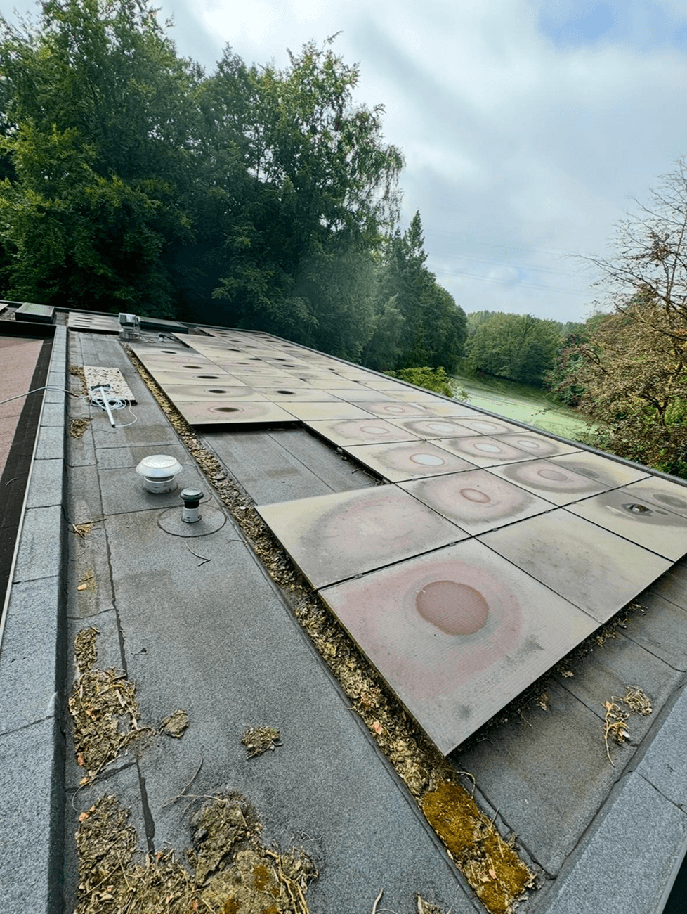 Zonnepanelen op plat dak na professionele reiniging, schoon oppervlak