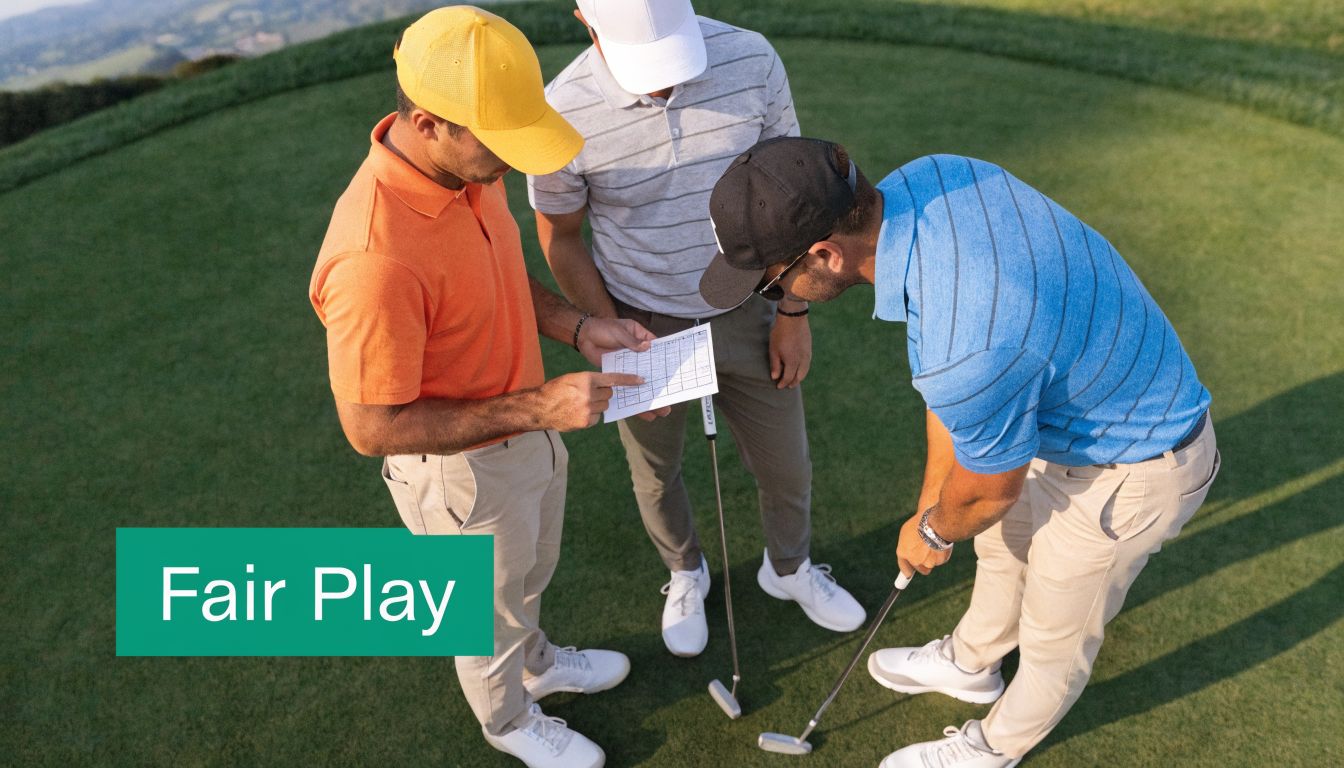 Three golf players on a green looking at a scorecard while preparing for a golf shot.