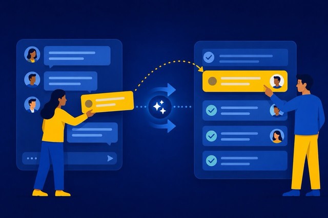 Team members connect task cards with comments, owners, and completion checks in a collaborative workspace.