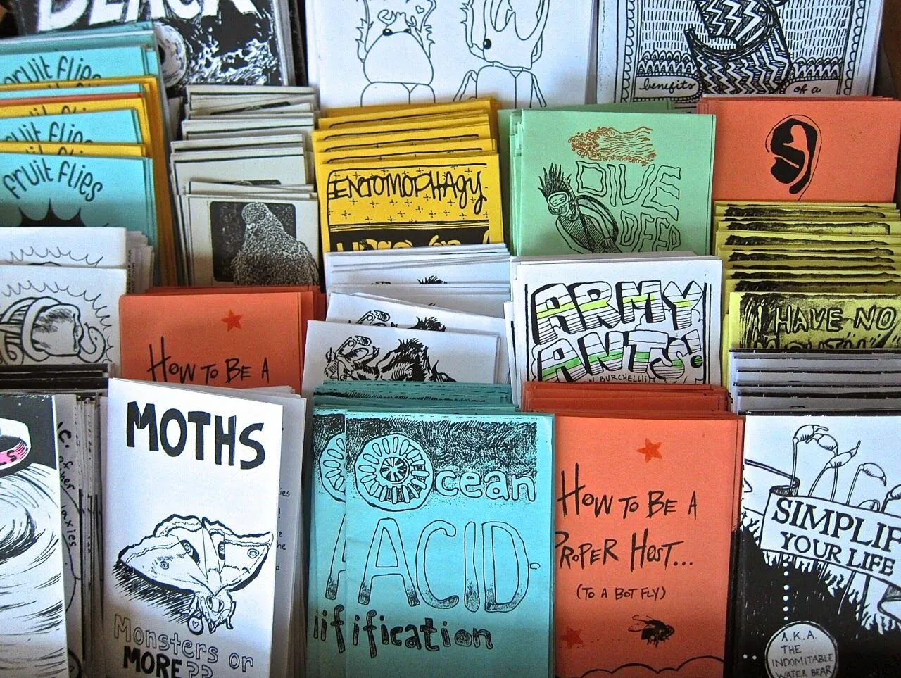 Colorful zines created by high school students showcasing topics like moths, ocean acidification, and insects as part of a youth-led science communication project.