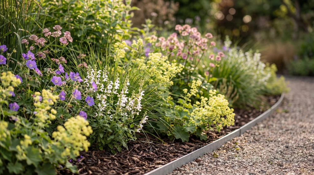 Diverse kleurrijke bloemen langs een grindpad in een particuliere tuin.