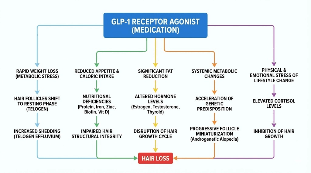 Five mechanisms of GLP-1 related hair loss diagram