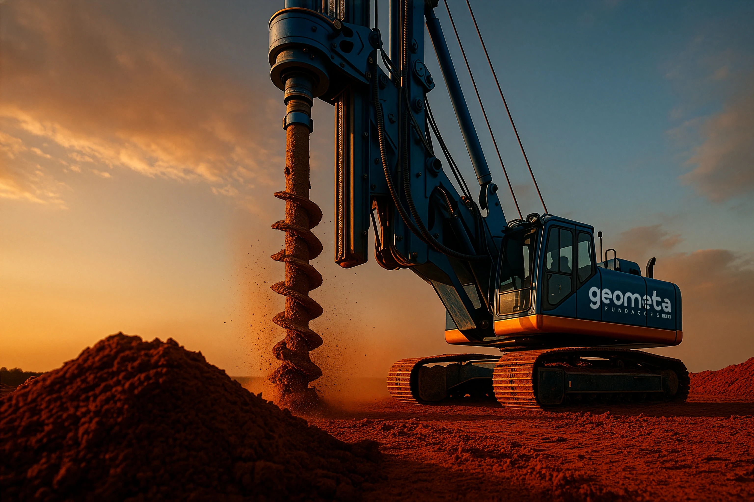 Perfuratriz executando fundação profunda com trado helicoidal em solo avermelhado, típica obra de engenharia de fundações.