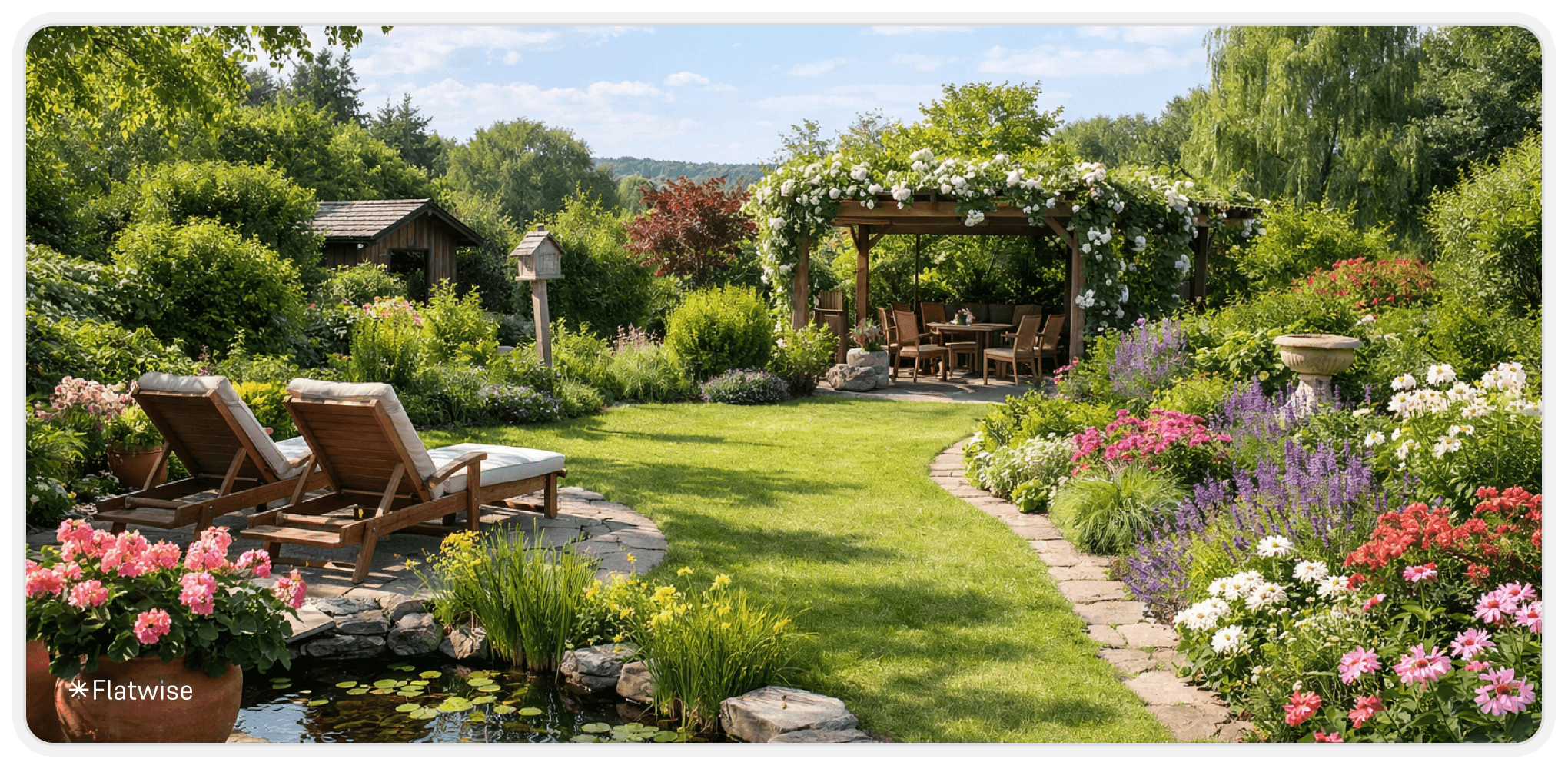 Bild zeigt einen idyllischen Garten mit zwei Sonnenliegen, vielen Blumen sowie einer Pergola.