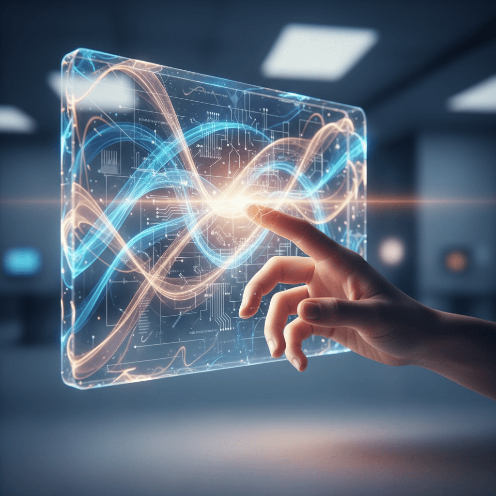 Conceptual image depicting the synergy between human creativity and AI technology. A human hand gently interacts with a glowing, abstract AI interface, symbolizing collaboration and innovation. Soft, flowing light patterns merge with subtle circuit designs, avoiding literal robots or branding.