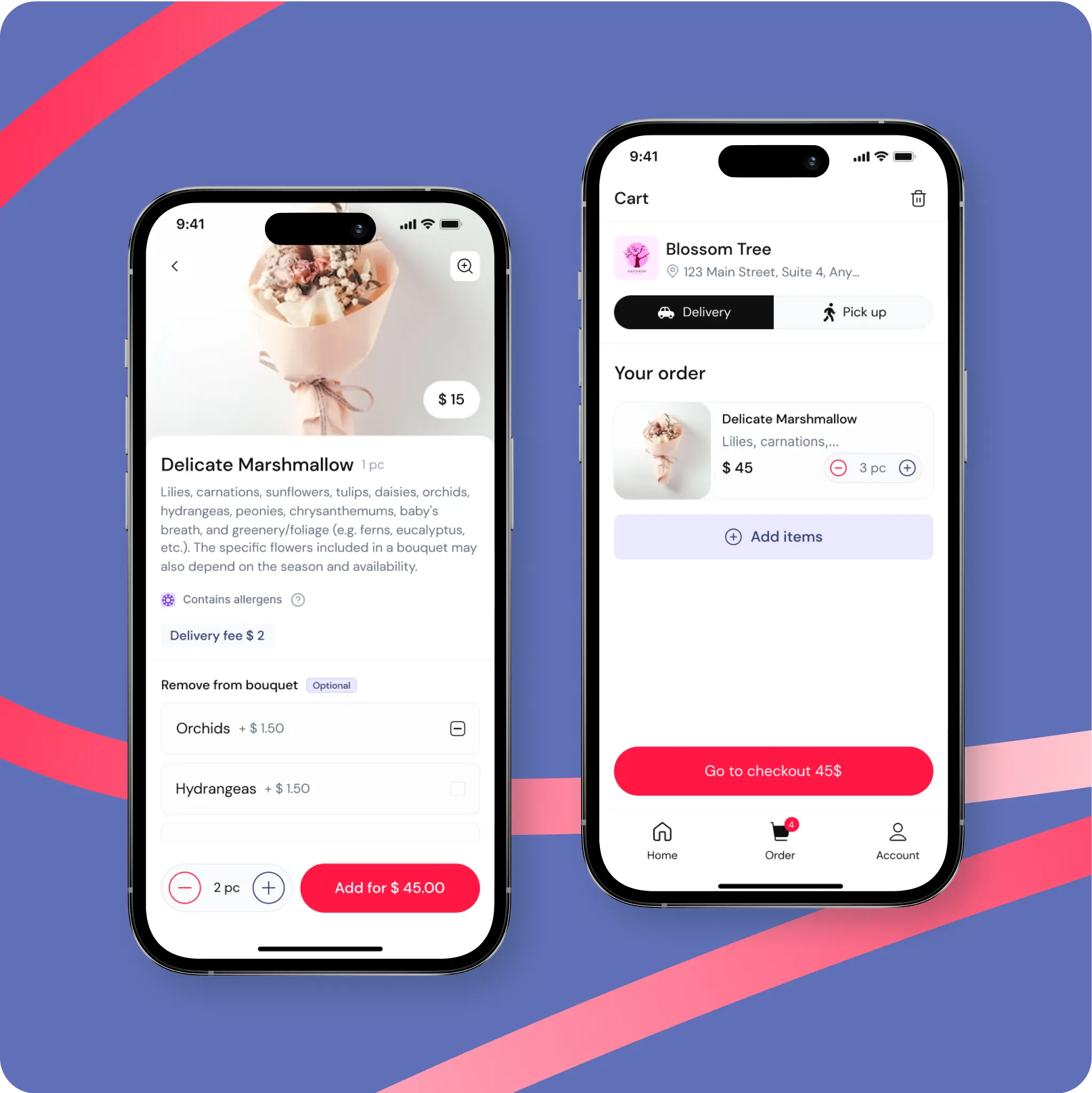 Two smartphone screens displaying an app interface for ordering flowers. The left screen shows a detailed view of a flower bouquet named "Delicate Marshmallow," priced at $15. It includes a picture of the bouquet and a description of the flowers included. There are options to add or remove items from the bouquet and a red button at the bottom to add the bouquet to the cart for $45.00. The right screen shows the cart with the selected "Delicate Marshmallow" bouquet, listing the price as $45 for 3 pieces. There are options for delivery or pickup and a red button to proceed to checkout. The background features a blue color with red and pink abstract lines.