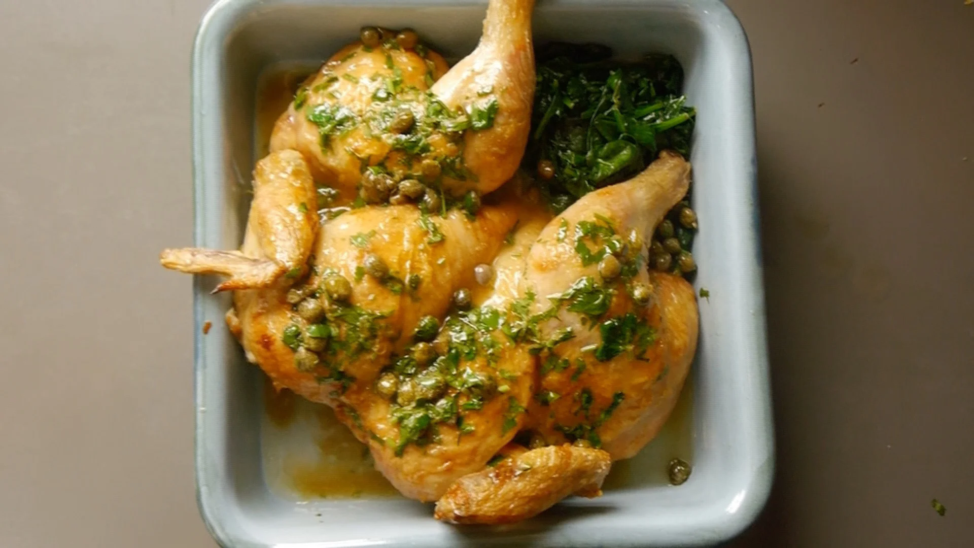 Spatchcock chicken in roasting dish