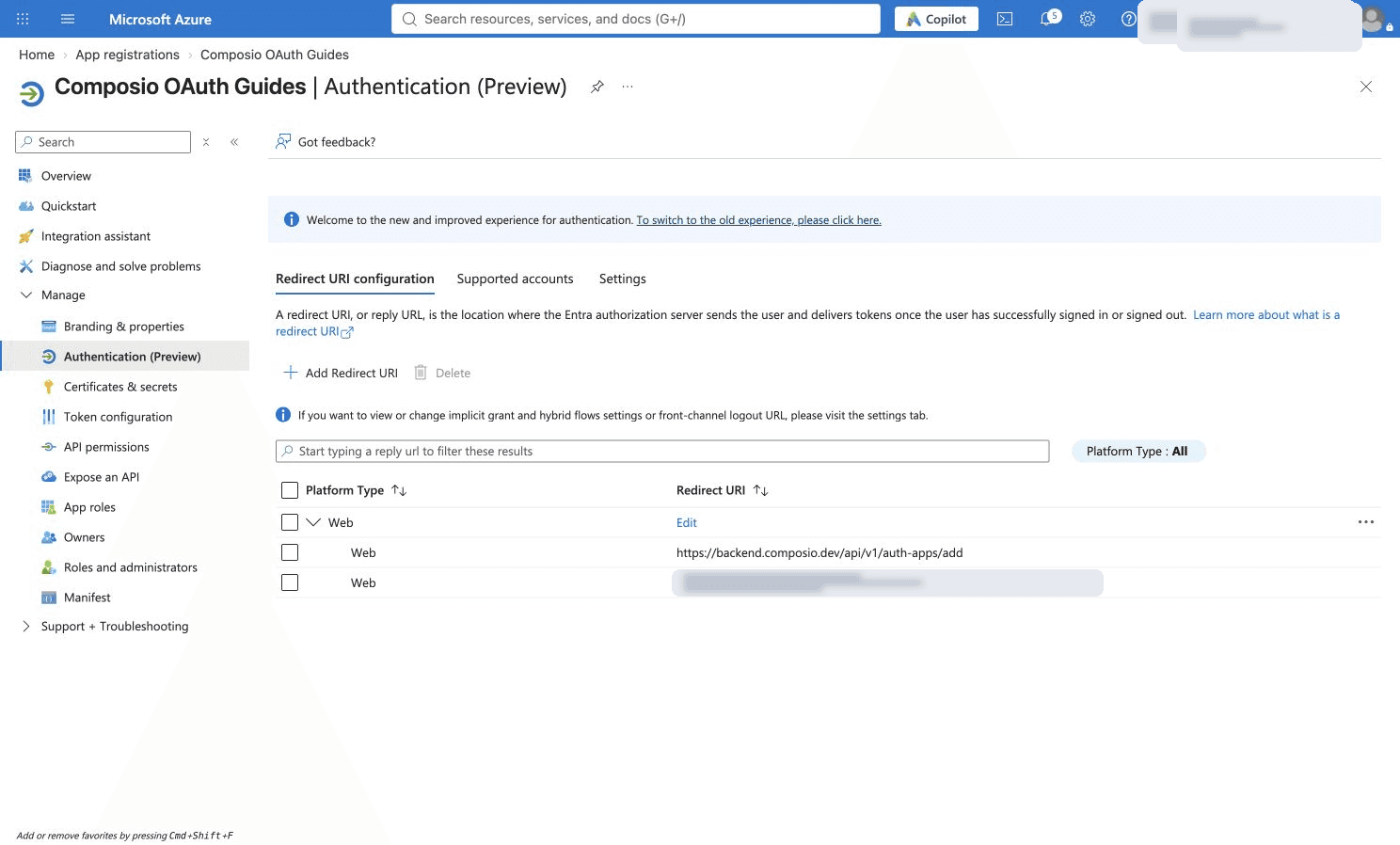 Registered Web callback URL