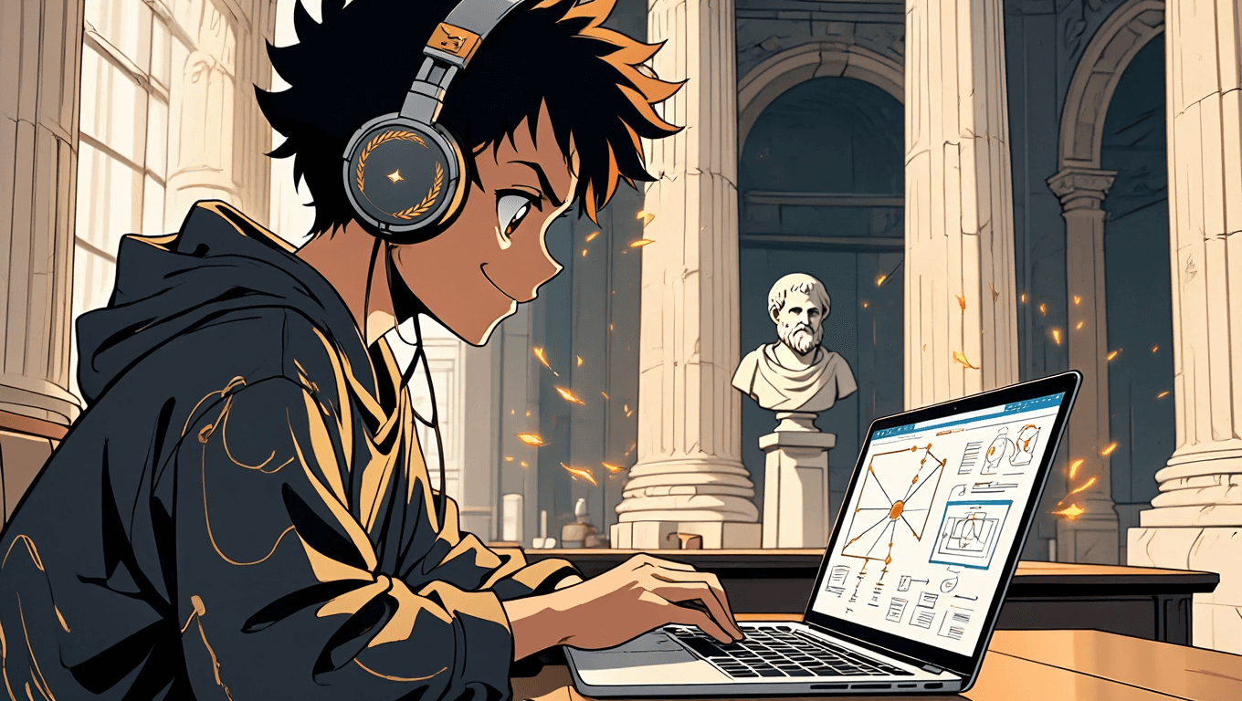 Smiling student studying on a laptop