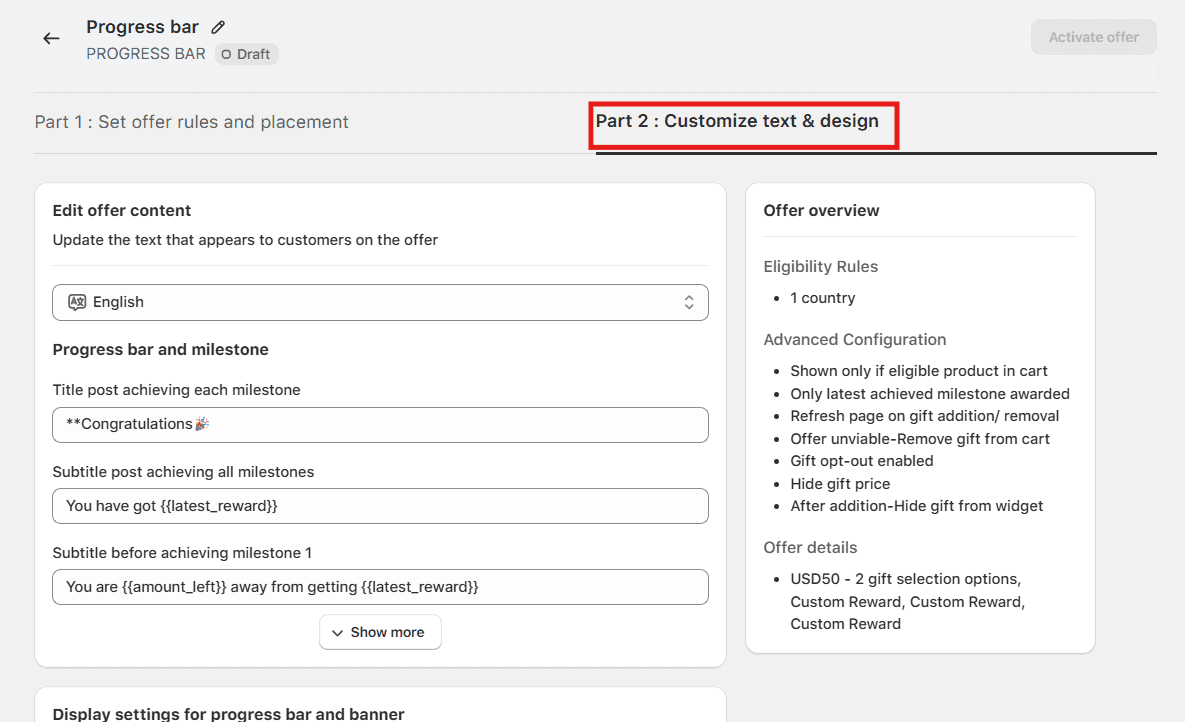 customize tiered progress bar text and design using Monk