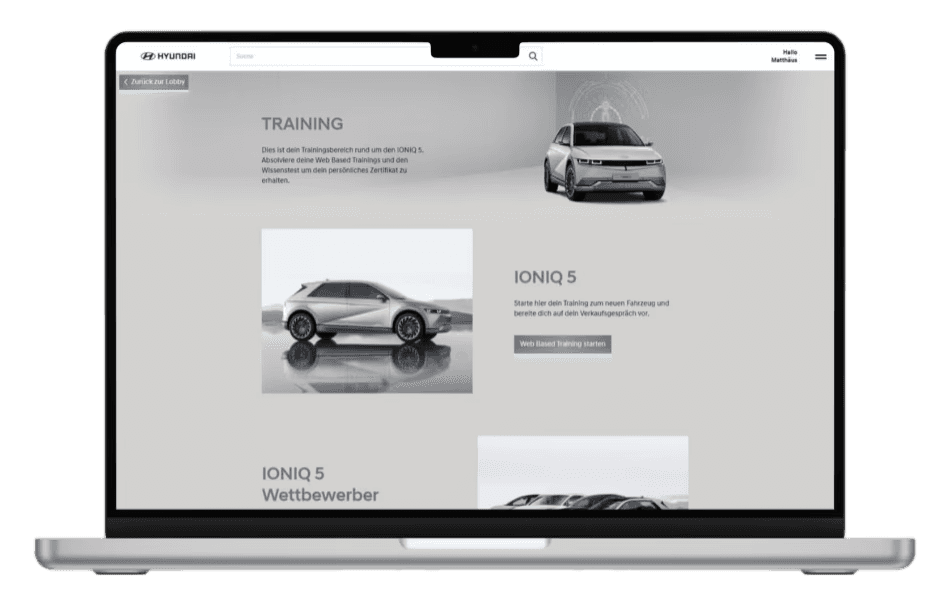 Digitales Trainingsportal für den IONIQ 5 – interaktives Web Based Training für Produktwissen und Verkaufsstärke.