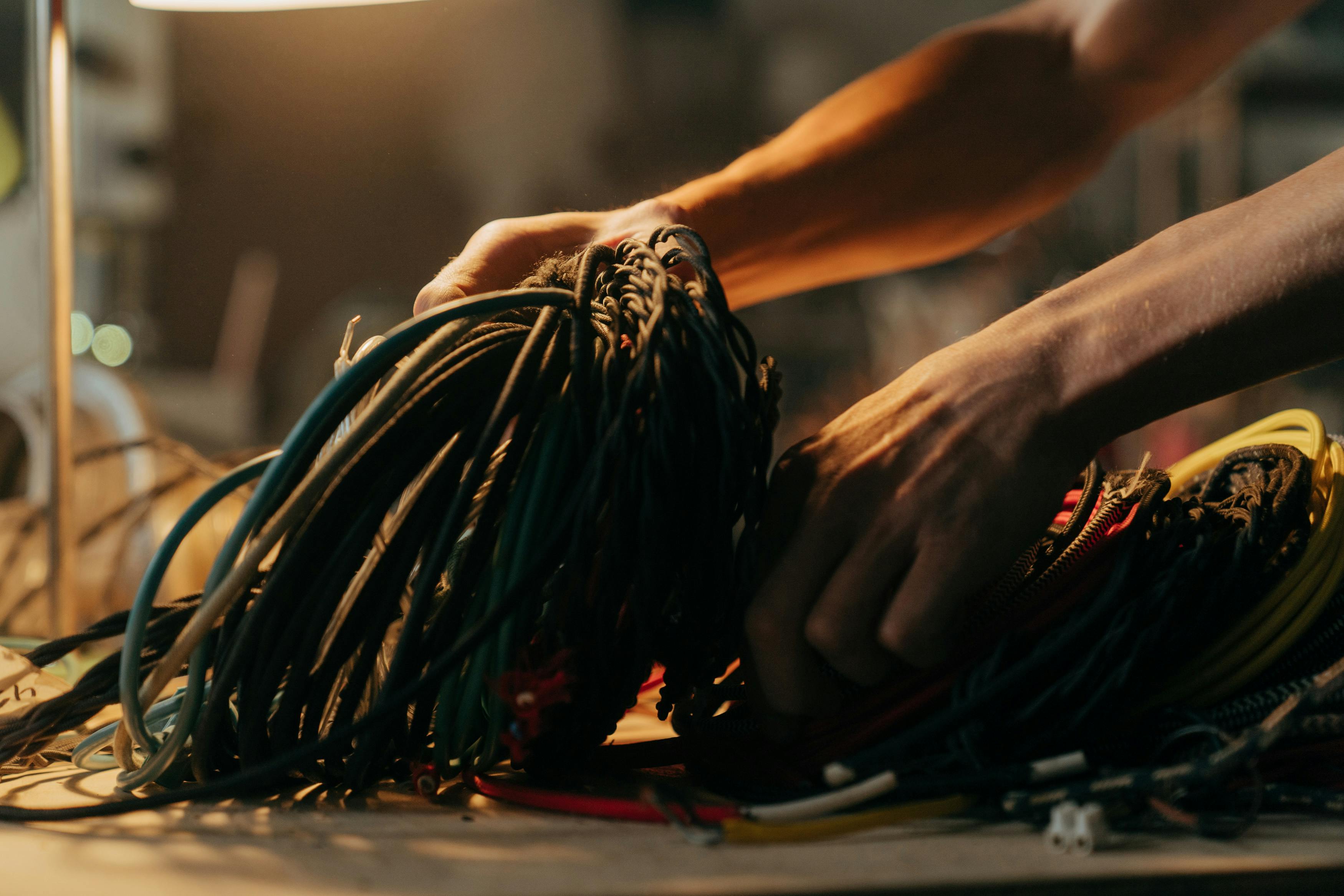 Je ziet hier een monteur die elektrakabels bijelkaar raapt om zijn project af te maken