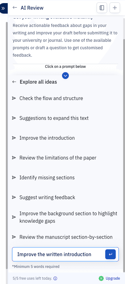 Paperpal AI Review sidebar listing writing prompts such as check the flow and structure, improve the introduction, and identify missing sections