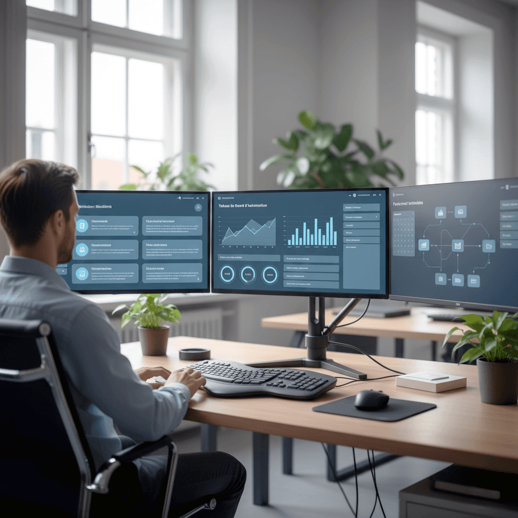 Professionnel utilisant des systèmes d'automatisation sur plusieurs écrans affichant des tableaux de bord et processus automatisés