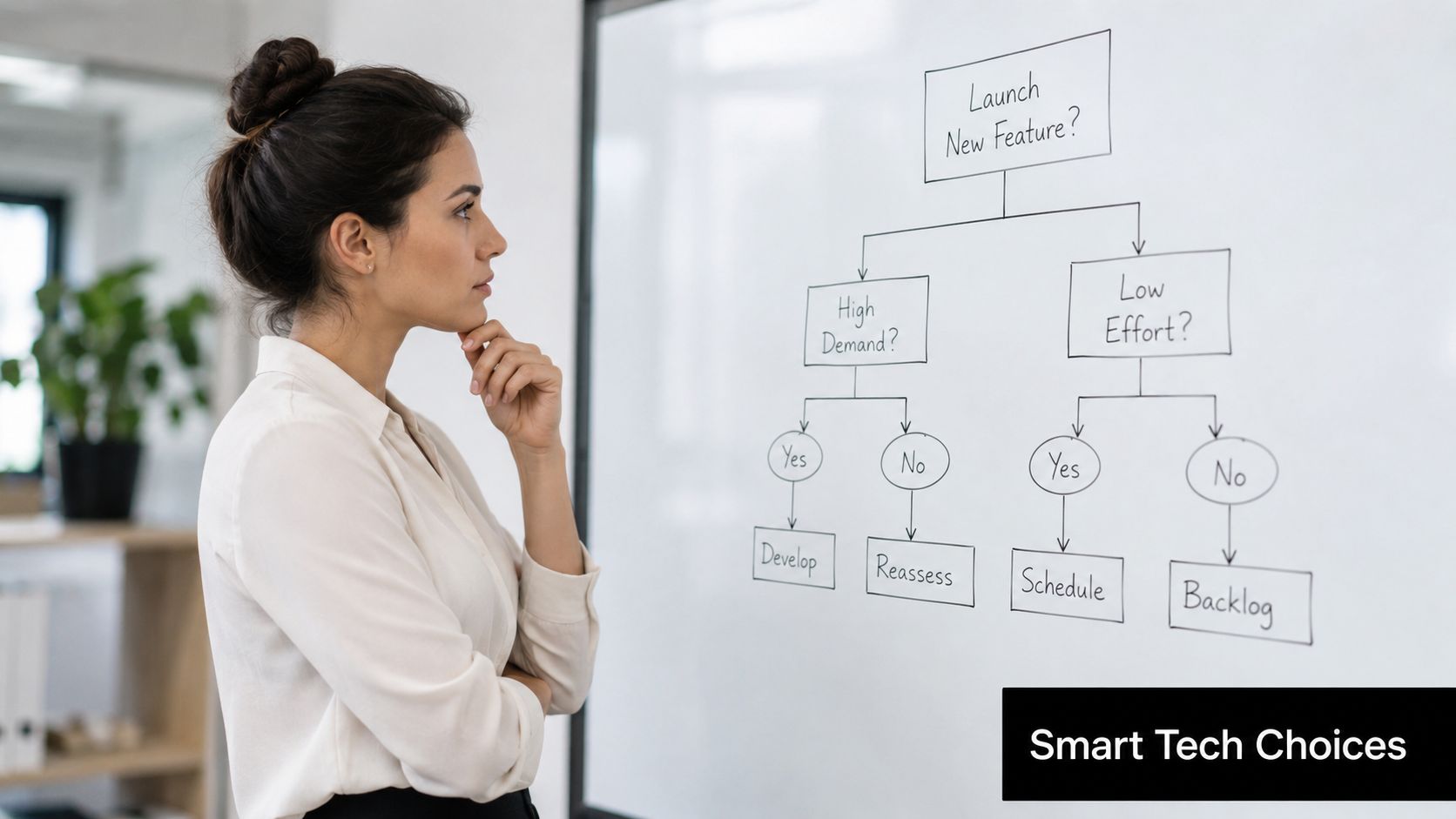 A professional woman looking thoughtfully at a flowchart on a whiteboard about launching new features.