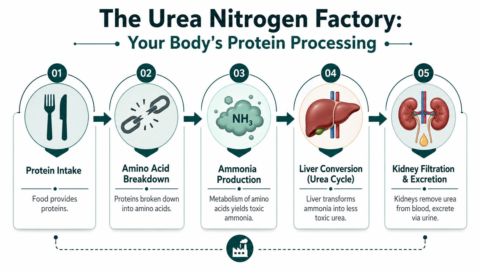 An infographic illustrating the body's process of converting dietary protein into urea for kidney excretion.