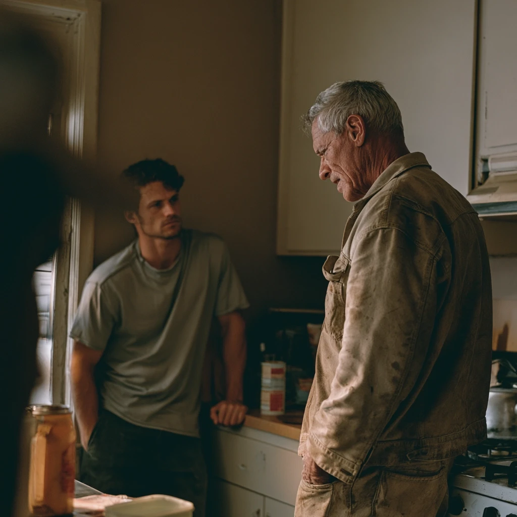 An older man and a younger man standing silently in a kitchen.