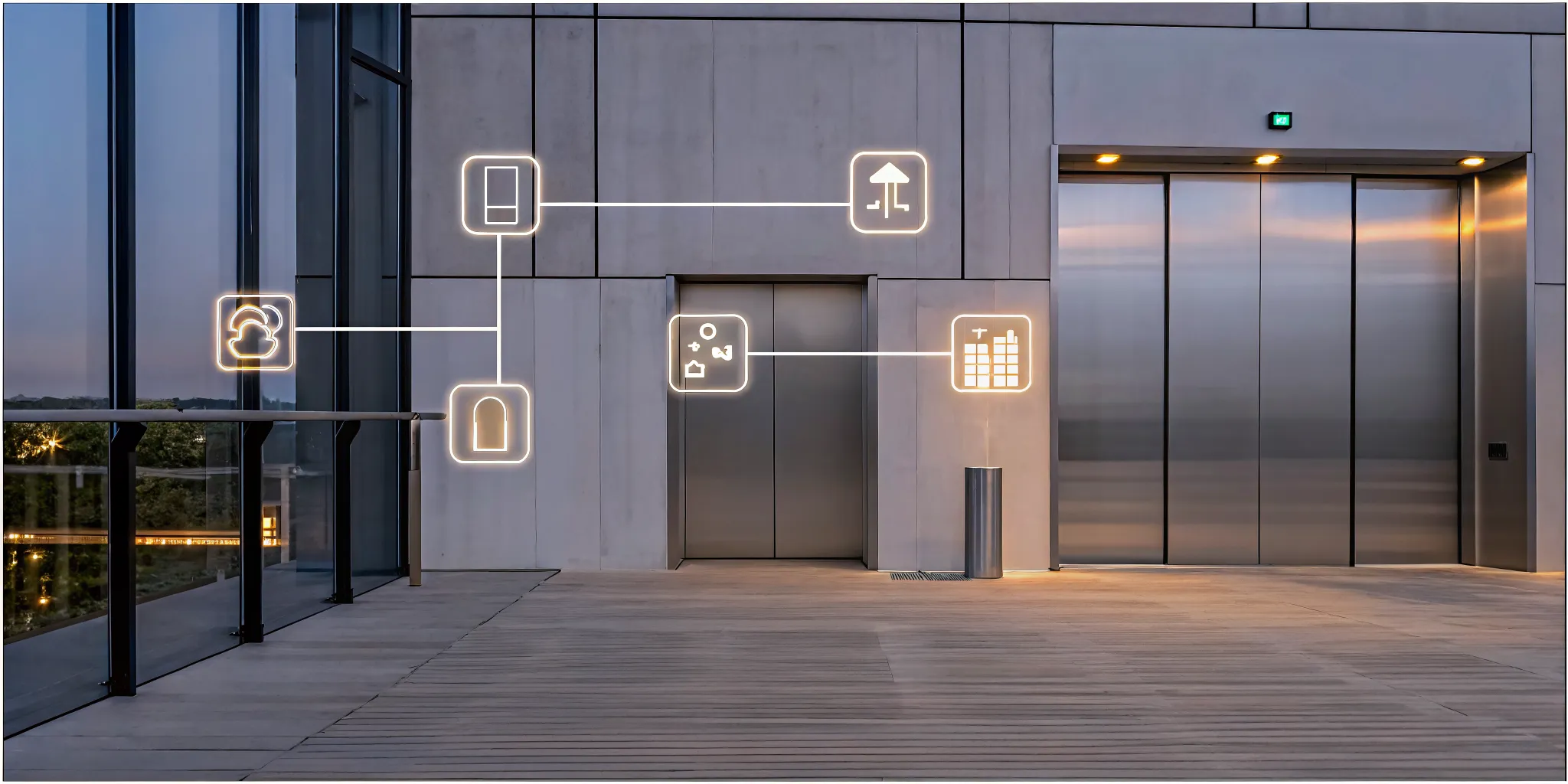 Diagram showing visitor management system integration with access control hardware including lobby kiosk, turnstiles, security doors, and elevator bank linked through an API integration layer