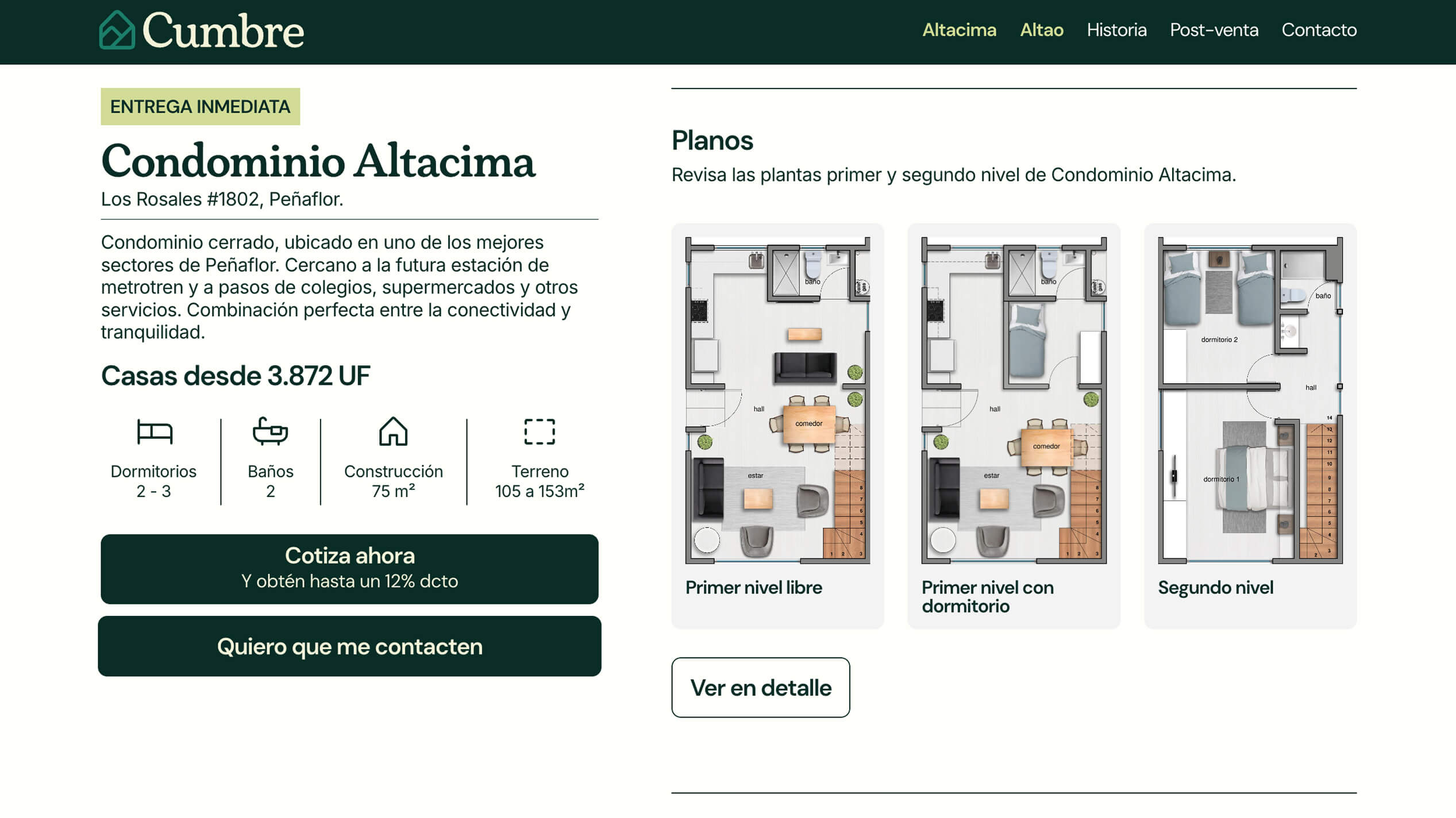 Diseño web desktop Cumbre sección planos proyecto Altacima
