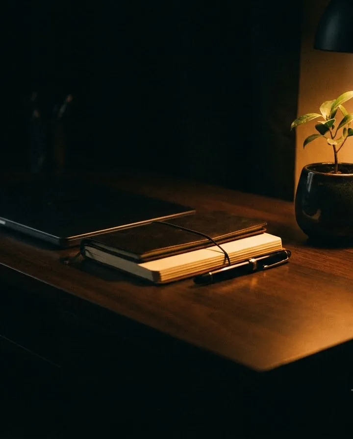 A dark desk at night with a closed laptop, a notebook and a lamp-lit plant