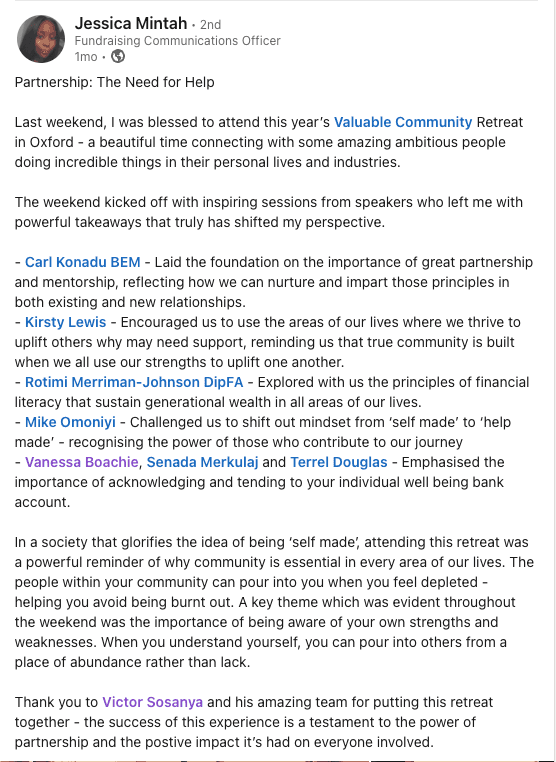 LinkedIn reflection on career insights gained at The Valuable Retreat.