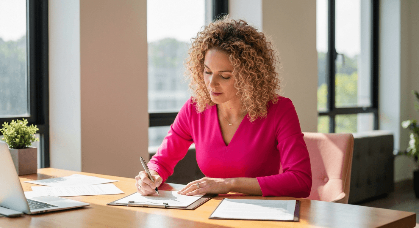 Businessperson signing contract at desk