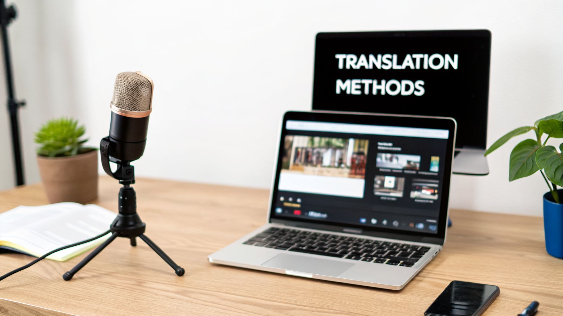 A podcasting microphone, two laptops displaying 'Translation Methods' and video, and plants on a wooden desk.