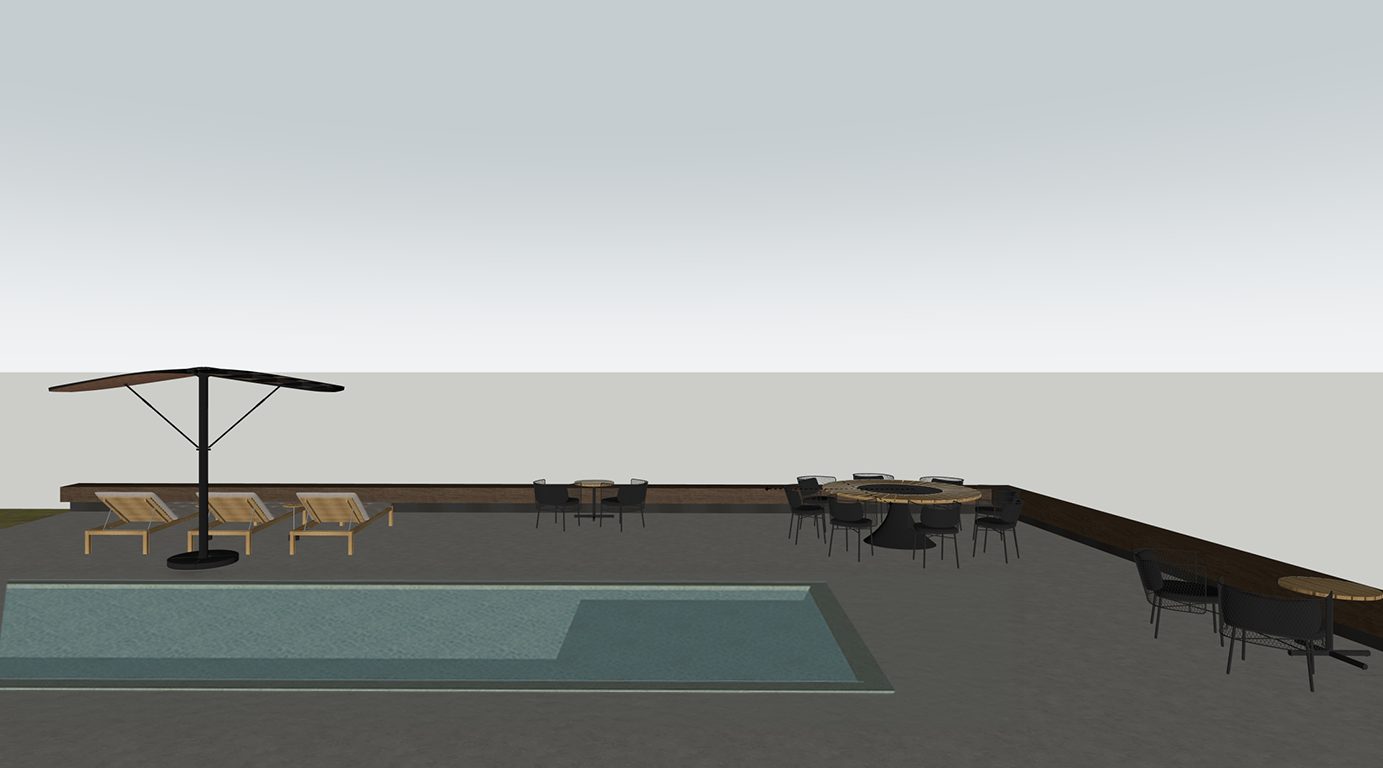 Print do mesmo terraço no SketchUp: a piscina, o deck e o mobiliário existem, mas atrás deles só há o fundo vazio do modelo — sem mata, sem represa e sem céu tratado.
