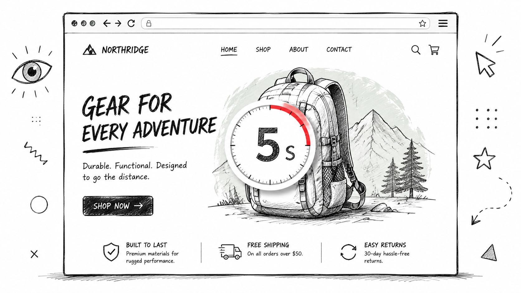 A website interface featuring a five second loading timer overlay on a hand-drawn outdoor gear shop homepage.