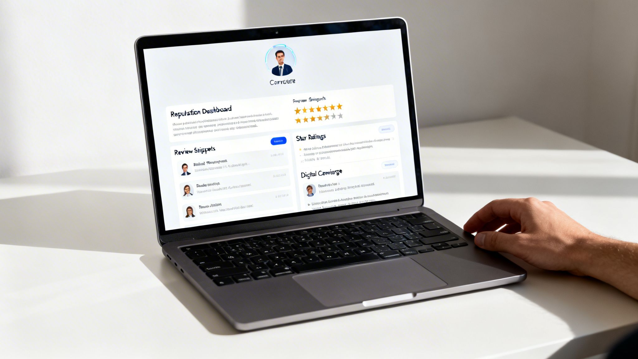 A person's hand on a laptop displaying a reputation management dashboard, showing review snippets and star ratings.
