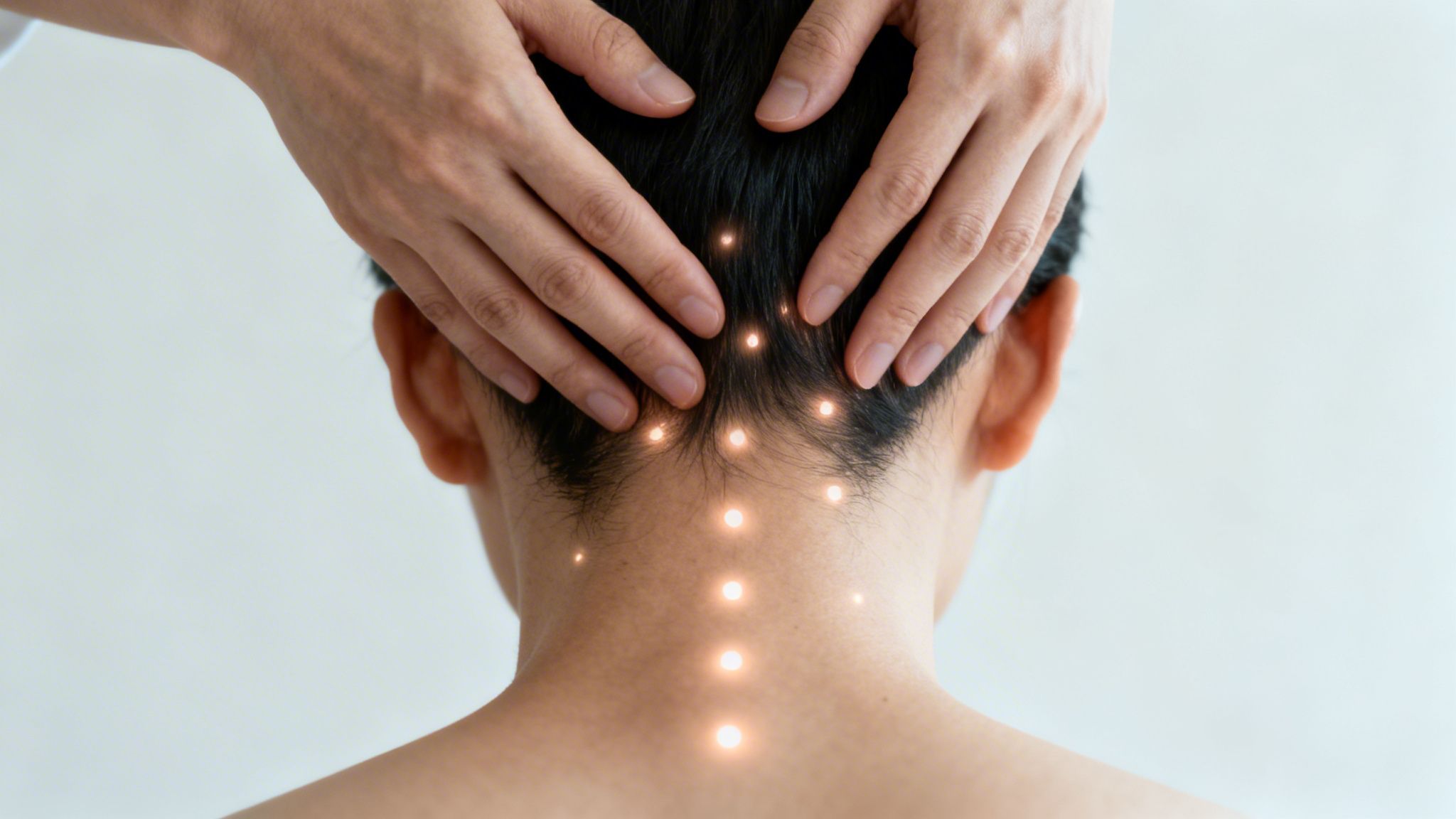 Hands massaging a person's head and neck, with glowing pressure points indicated for stress relief.