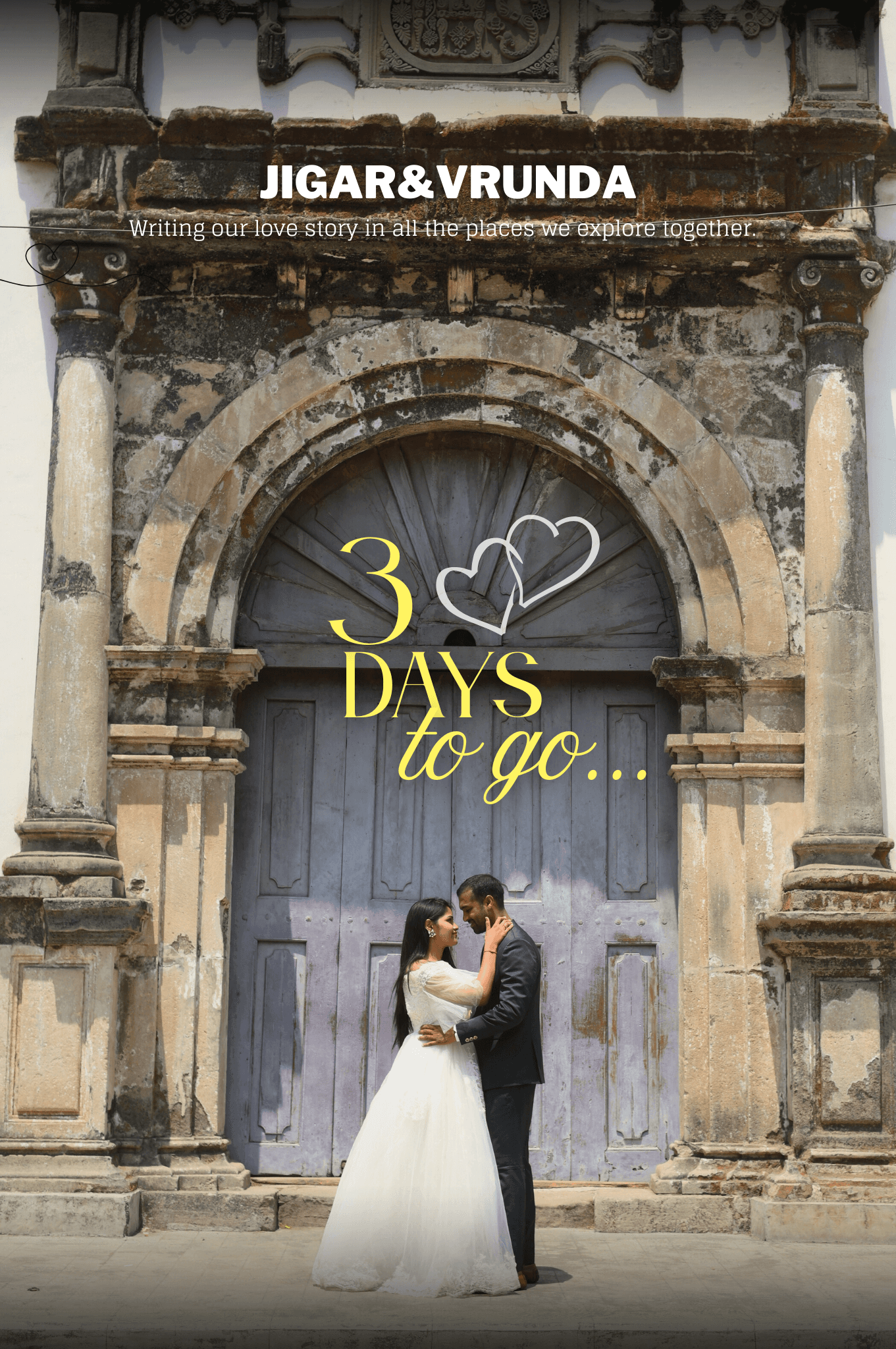 A joyful couple stands back-to-back outdoors.