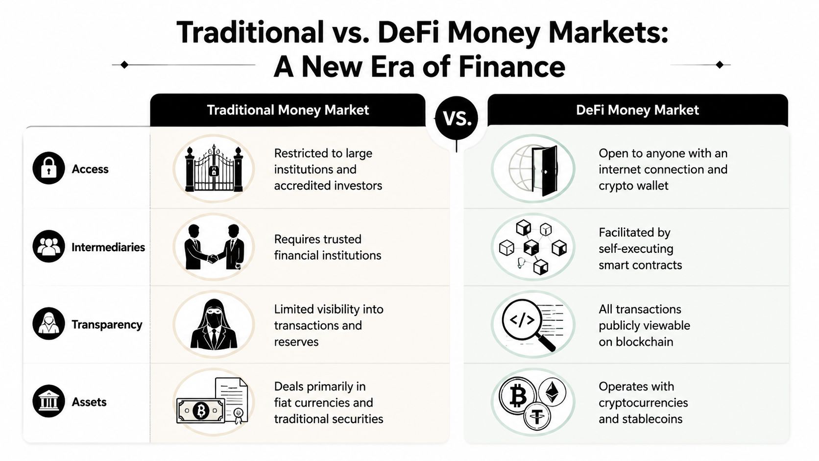 A comparison chart showing the differences between traditional financial money markets and decentralized finance DeFi markets.