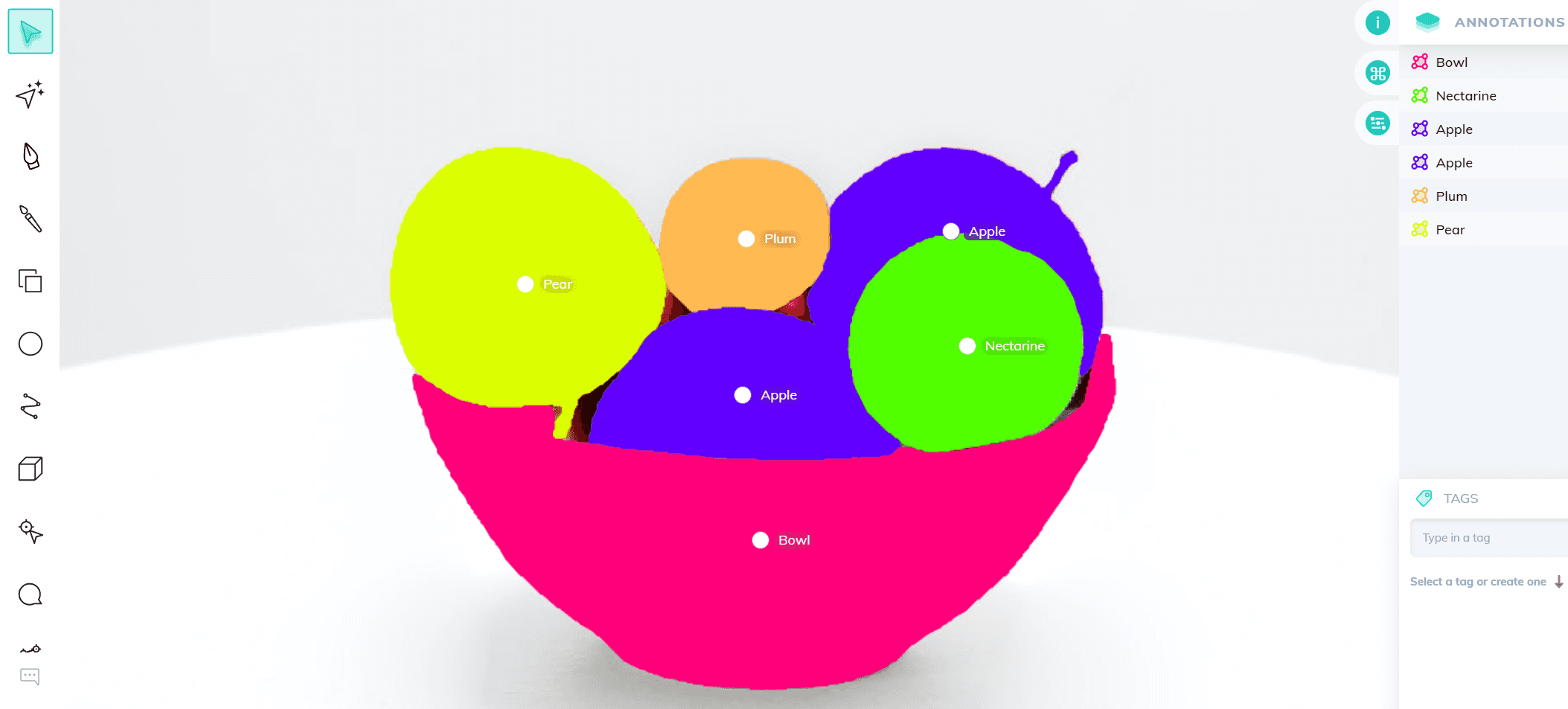 Semantic segmentation of fruits in a bowl performed using V7 