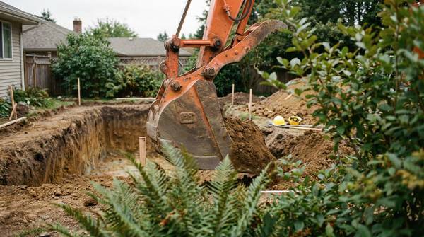 Mini excavator cleaning out an excavation beside a house, Sunshine Coast