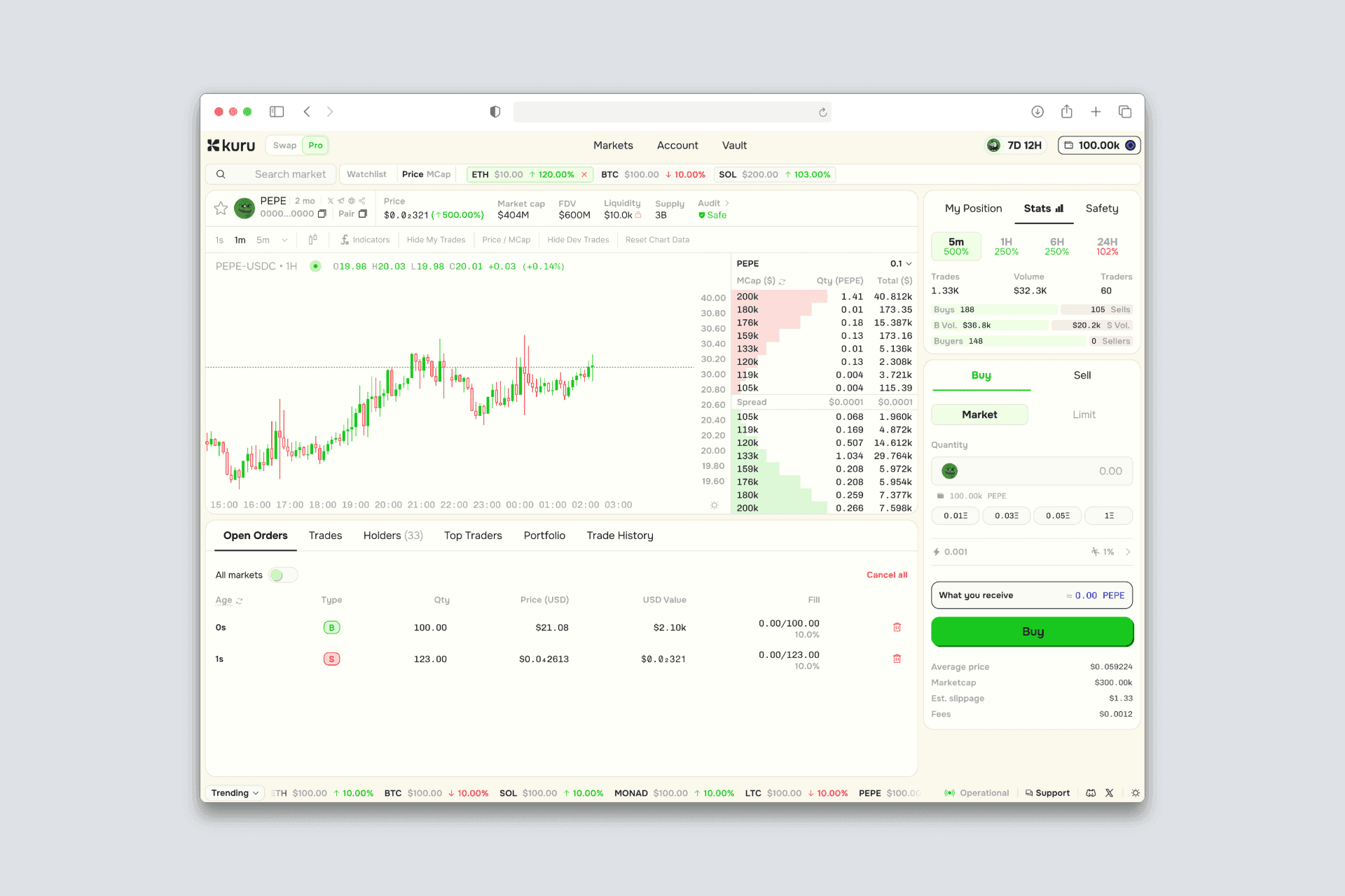 Trading interface, light mode