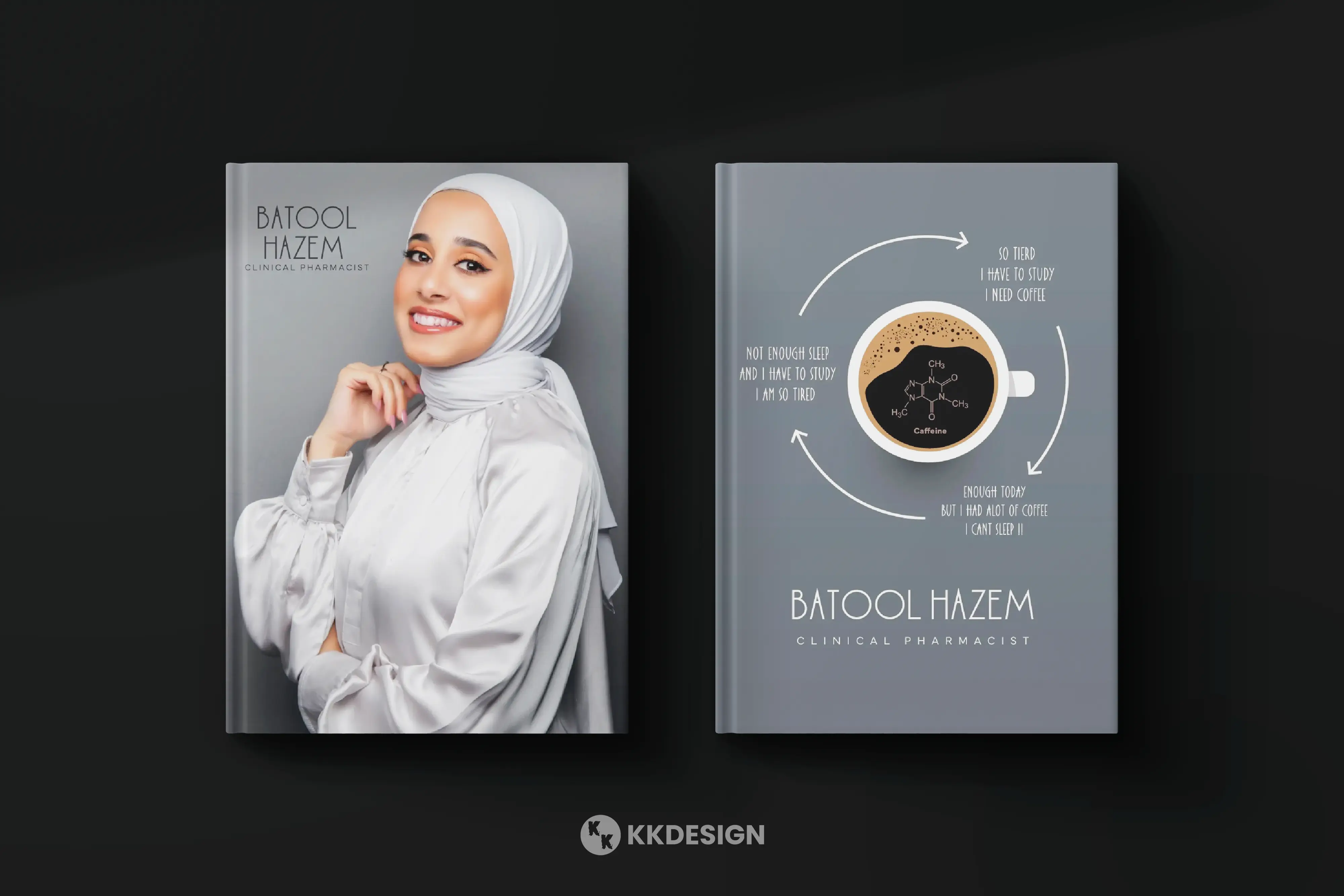 mockup for Graduation book for girl wearing white on gray background and coffee cup with circle made by kkdesign.io, kkdesign