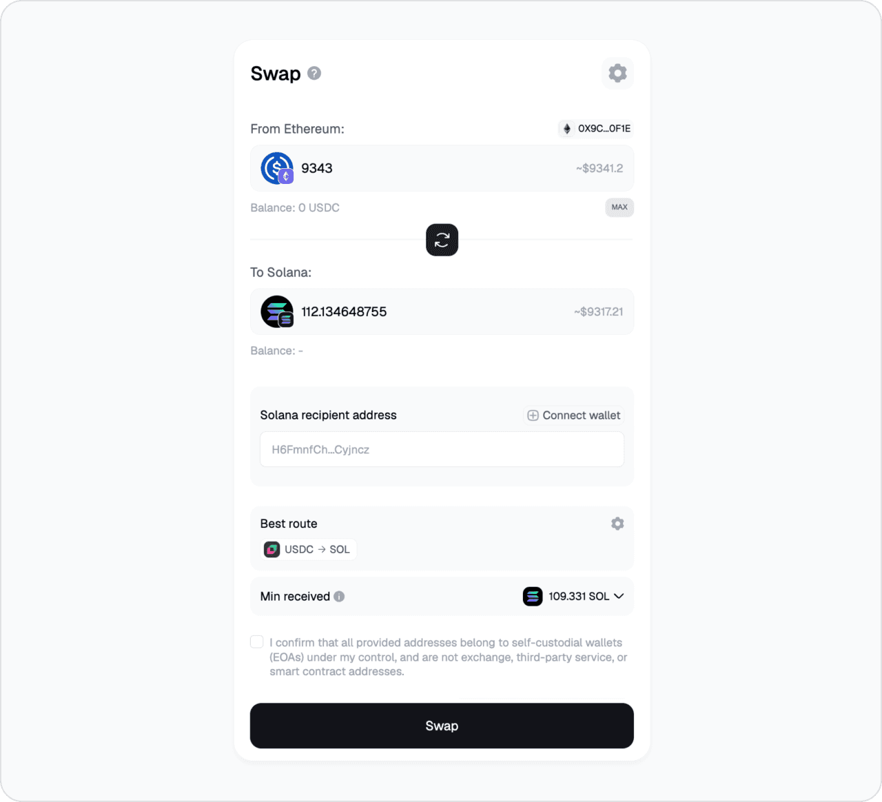 Real user bridge in the Symbiosis app: Ethereum→Solana, 9,343 USDC → 110.5 native SOL