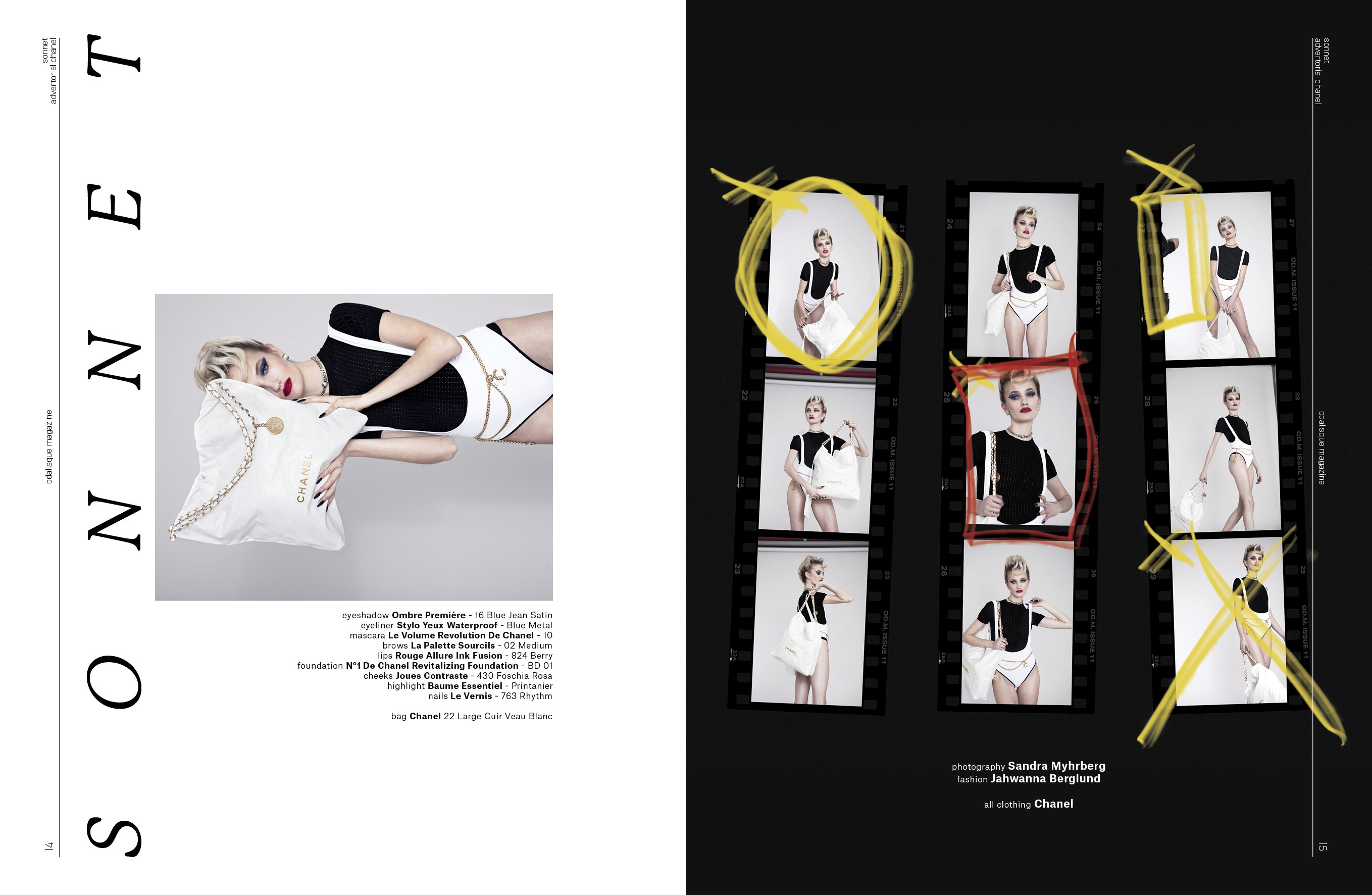 A rotated fashion portrait and widely spaced title paired with an annotated photographic contact sheet.