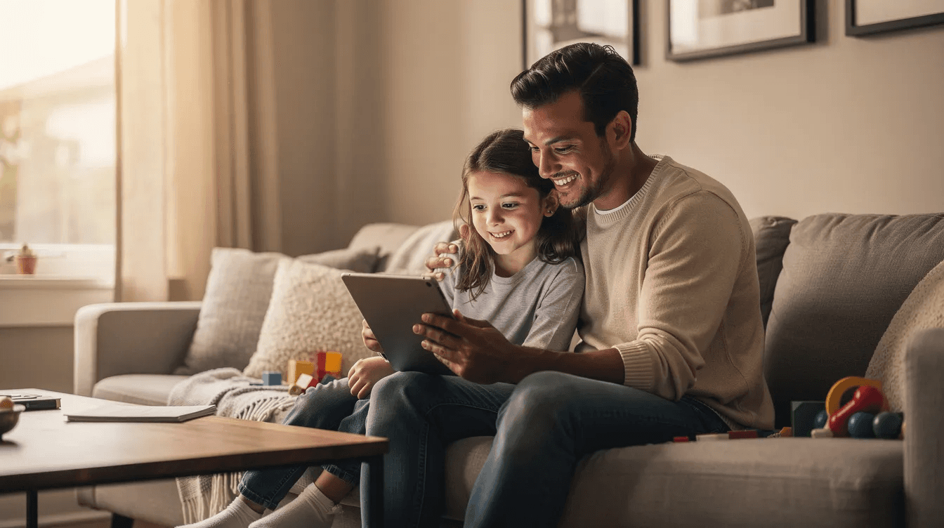 A parent and child are happily engaged, sharing a tablet together in a cozy living room, illustrating a moment of learning and connection. This scene highlights the importance of building relationships and communication, essential skills for both classroom management and at-home learning.