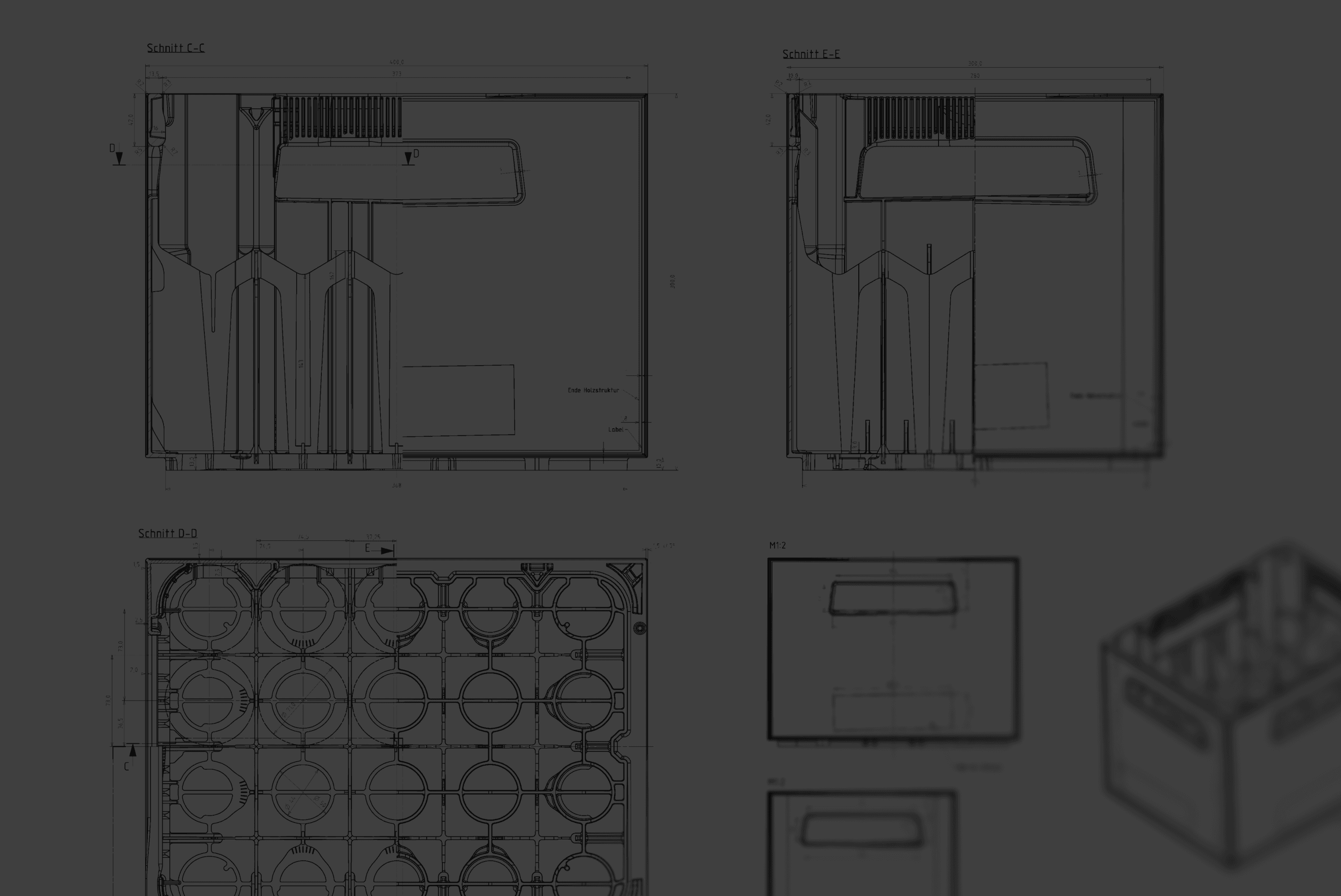 Technical drawings of bottle crates with dimensions.