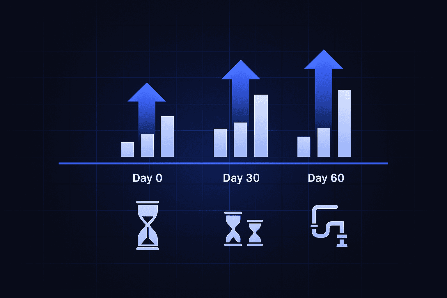 Timeline illustration showing rising citations and leads and falling content hours from day 0 to day 60