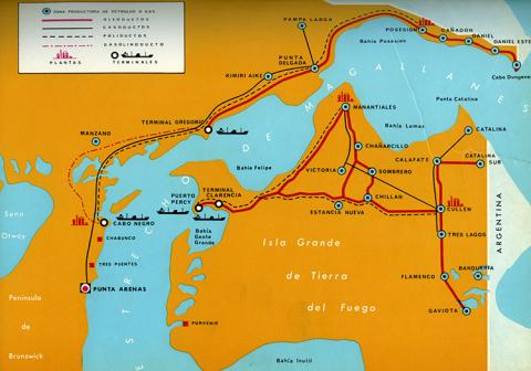 Mapa de zonas productoras  de petróleo o gas de ENAP.