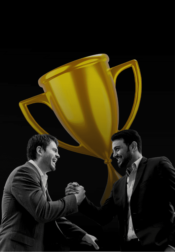 Two businessmen shaking hands in a black-and-white setting, with a large golden trophy in the background, symbolizing achievement and success.