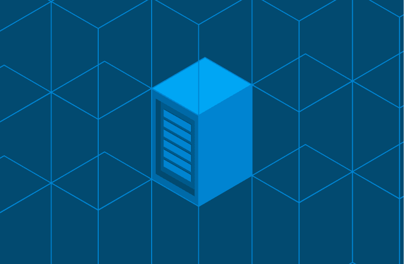 Illustration of a blue server tower inside a repeating isometric cube grid pattern, all in shades of dark and light blue.