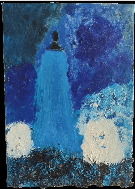 Ruth Ige, Gardens and worlds within the woven realms 1, 2026. West African indigo dried pigment, acrylic paint and binder, Ugu, Uziza and Bitterleaf dried leaves on paper, 14.8 × 10.5 cm. Courtesy of artist and ko
