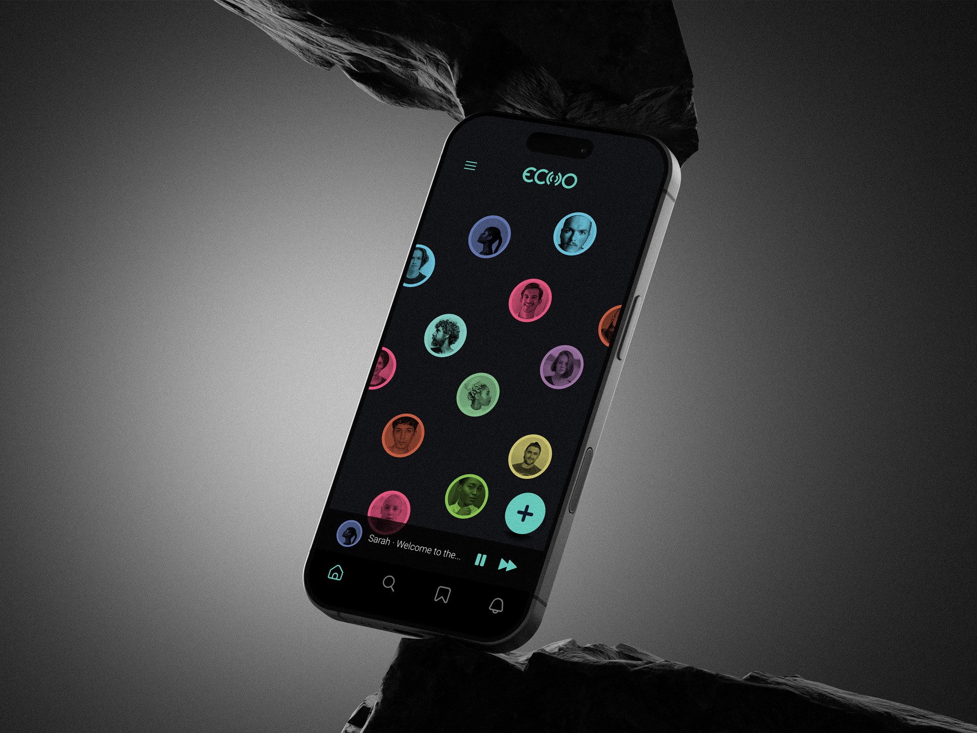 A hero shot of the app, in a dark background with bubbles os people portraits in diferent colors