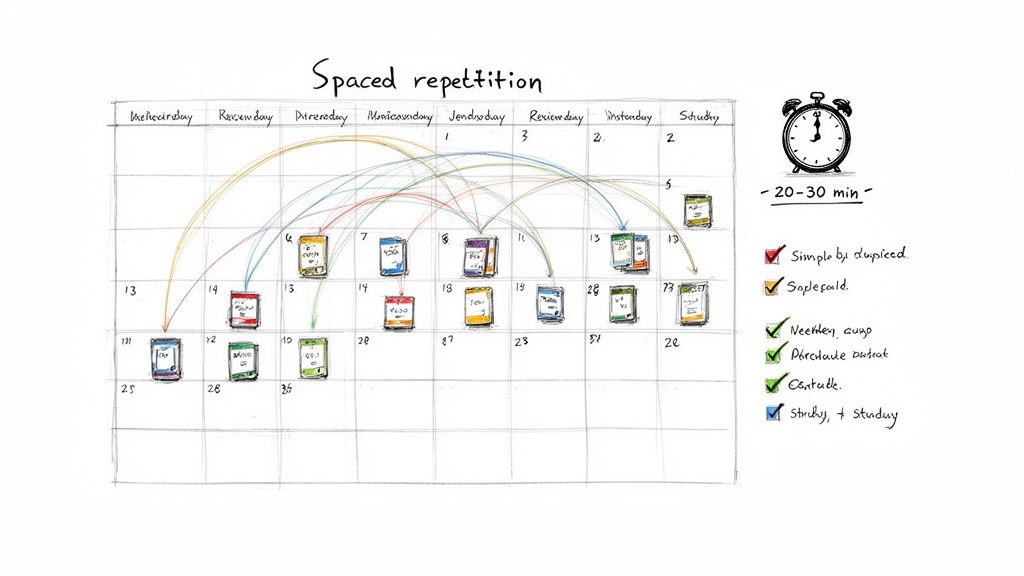 A handwritten calendar visualizes the spaced repetition study method with books, arrows, and a checklist.