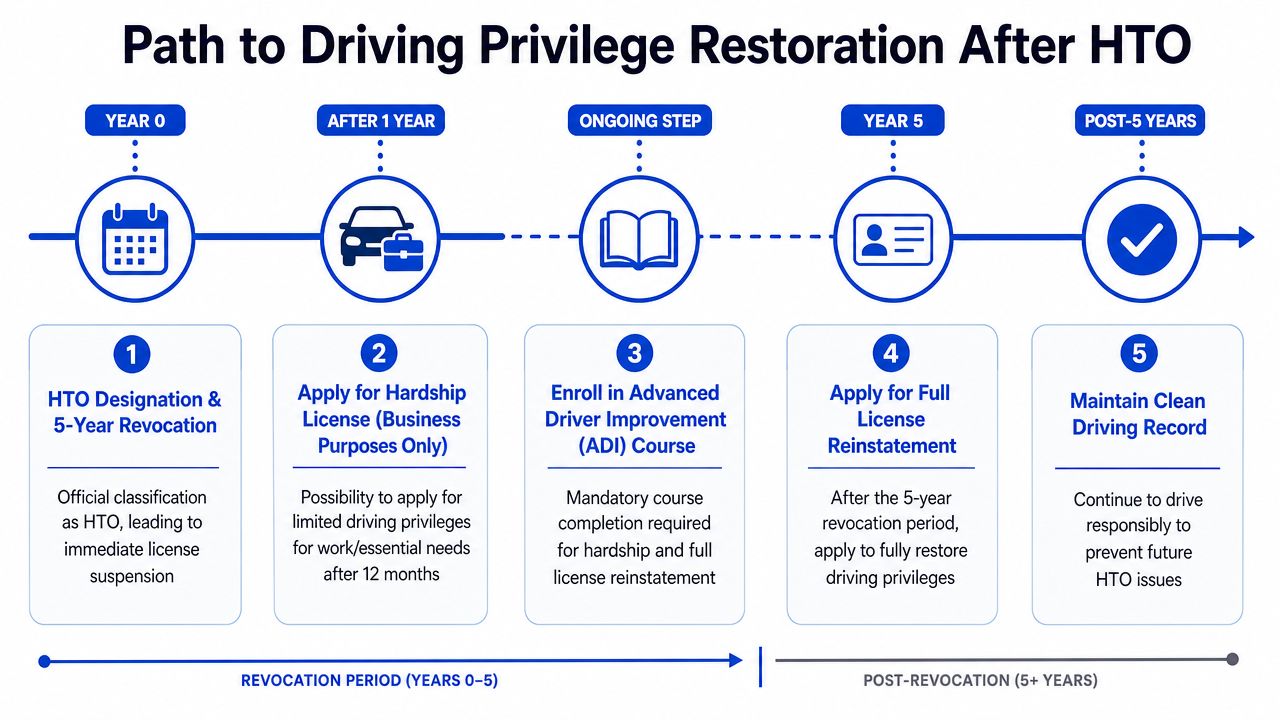 A flow chart illustrating the five steps to restore driving privileges after a Habitual Traffic Offender designation.