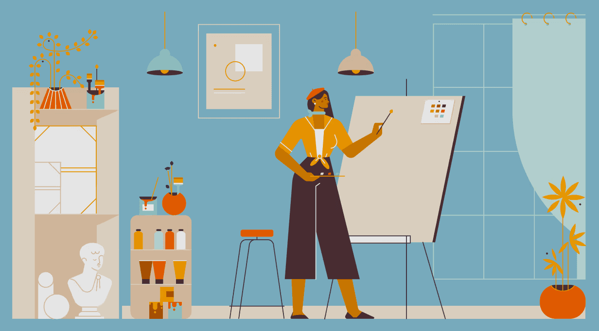 person looking at painting